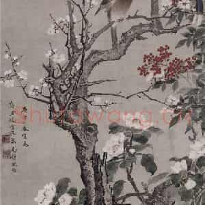 清代 沈铨《沈铨梅雀山茶图轴》国画花鸟作品图片鉴赏