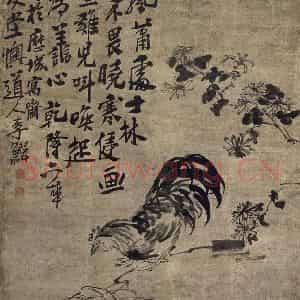 清代 李鳝《李鳝菊花公鸡图轴》国画花鸟作品图片鉴赏