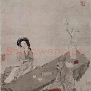 明代 陈洪绶《陈洪绶闲话宫事图轴》国画人物作品图片鉴赏