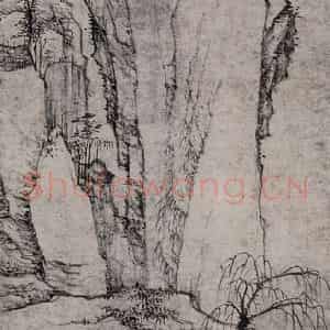 清代 弘仁《弘仁秋柳孤棹图轴》国画综合作品图片鉴赏