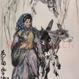 现代 黄胄《黄胄维族姑娘牵驴图轴》国画人物作品图片鉴赏