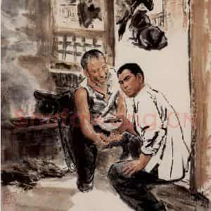 1975年 方增先《马老四和肖长春艳阳天插话之三》国画人物作品图片鉴赏