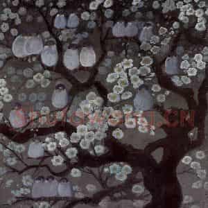 60年代 林风眠《梨花小鸟》国画花鸟作品图片鉴赏
