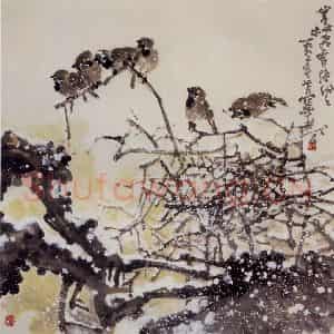 1992年 高冠华《寒林飞雪落纷纷》国画花鸟作品图片鉴赏