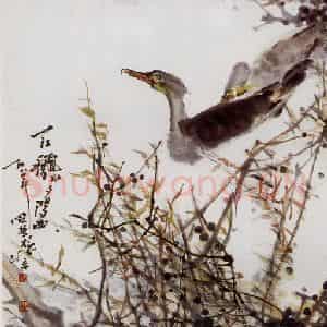 1980年 高冠华《一江秋水夕阳西》国画花鸟作品图片鉴赏