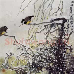 1993年 高冠华《飞雪、小鸟》国画花鸟作品图片鉴赏