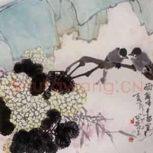 1995年 高冠华《雨余啼鸟隔纱窗》国画花鸟作品图片鉴赏