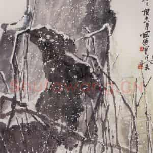 1995年 高冠华《横塘飞雪落纷纷》国画花鸟作品图片鉴赏