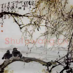 1983年 高冠华《秋柳、水鸟》国画花鸟作品图片鉴赏