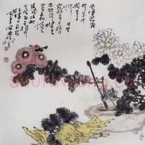 1985年 高冠华《盆菊》国画花鸟作品图片鉴赏