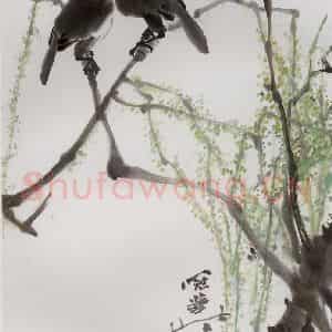 1990年 高冠华《柳、鹊》国画花鸟作品图片鉴赏