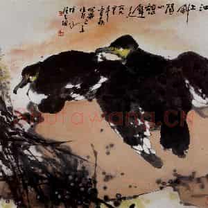 1990年 高冠华《江上斜阳小憩迟》国画花鸟作品图片鉴赏
