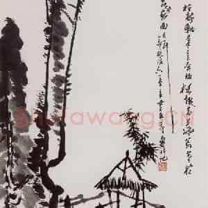 1961年 潘天寿《小亭枯树图轴》国画山水作品图片鉴赏