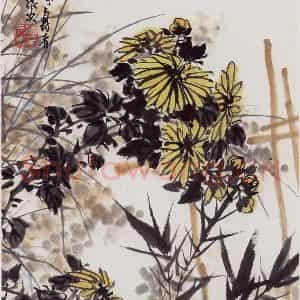 1961年 潘天寿《西风黄菊图轴》国画花鸟作品图片鉴赏