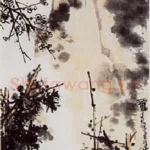 1961年 潘天寿《梅兰夜色图轴》国画花鸟作品图片鉴赏