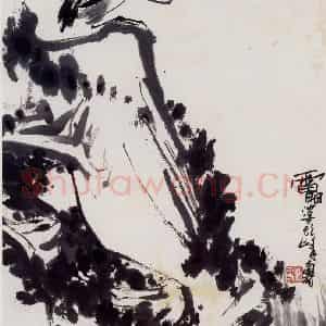 1960年代 潘天寿《鸟石图轴》国画花鸟作品图片鉴赏