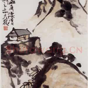 1921年 潘天寿《寒山过雨图轴》国画山水作品图片鉴赏