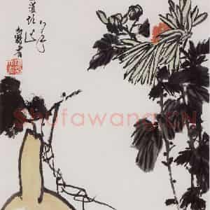 1960年代 潘天寿《葫芦菊花图轴》国画花鸟作品图片鉴赏