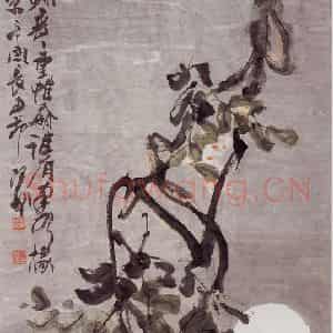 1921年 潘天寿《紫藤明月图轴》国画花鸟作品图片鉴赏