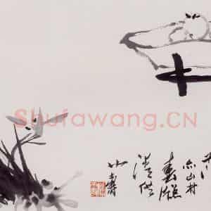 1965年 潘天寿《春窗清供图》国画花鸟作品图片鉴赏