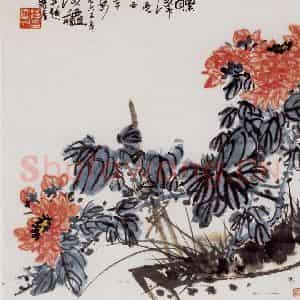 1965年 潘天寿《红菊熏风图轴》国画花鸟作品图片鉴赏