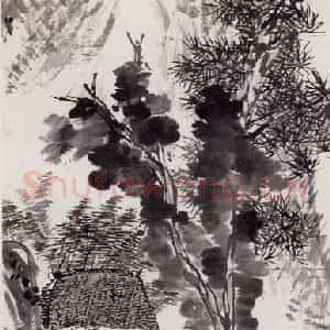 1931年 潘天寿《山居图轴》国画山水作品图片鉴赏