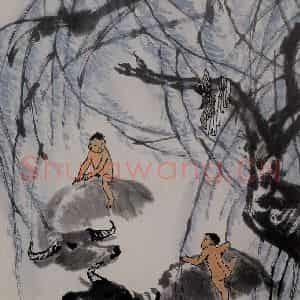1975年 李可染《柳荫浴牛》国画综合作品图片鉴赏