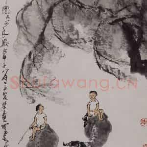 1984年 李可染《柳塘渡牛图[1]》国画综合作品图片鉴赏