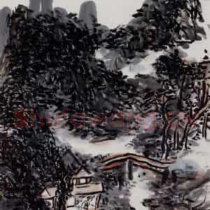 黄宾虹《村居烟雨中》国画山水作品图片鉴赏