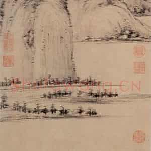 元代 倪瓒《江岸望山图》国画山水作品图片鉴赏