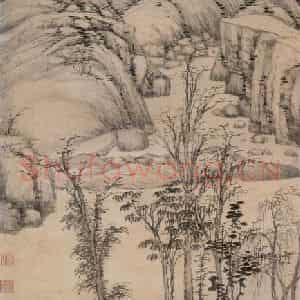 明代 沈周《策杖图》国画山水作品图片鉴赏