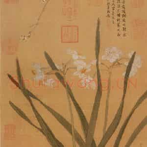 明代 仇英《水仙蜡梅》国画花鸟作品图片鉴赏