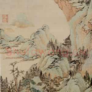清代 王鉴《仿赵孟頫茂林萧寺图》国画山水设色作品图片鉴赏