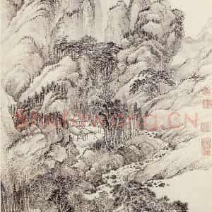 清代 王翚《仿王蒙夏山读书图》国画山水写意作品图片鉴赏