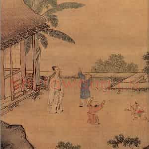 明代 周臣《画闲看儿童捉柳花句意》国画综合作品图片鉴赏