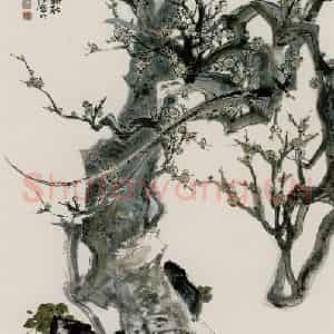 1983年 程十发《老梅新枝》国画花鸟作品图片鉴赏