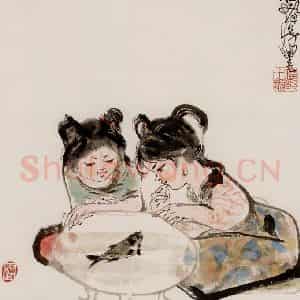 1984年 程十发《观鱼图》国画综合作品图片鉴赏