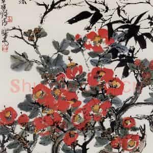 1993年 程十发《茶花》国画花鸟作品图片鉴赏