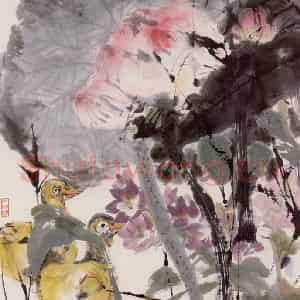 1977年 程十发《荷塘水鸭》国画花鸟作品图片鉴赏