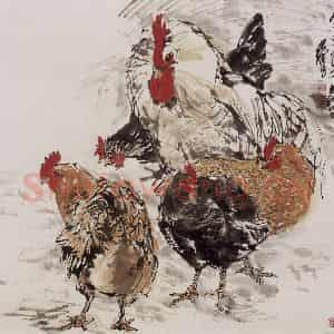 1983年 黄胄《五鸡》国画花鸟作品图片鉴赏
