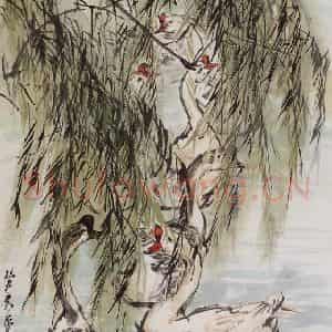 1983年 黄胄《柳下群鹅》国画花鸟作品图片鉴赏