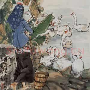 1985年 黄胄《井边牧鹅》国画综合作品图片鉴赏