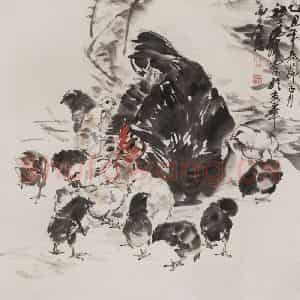 1985年 黄胄《母子鸡》国画综合作品图片鉴赏