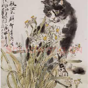 1983年 黄胄《水仙狸猫》国画综合作品图片鉴赏