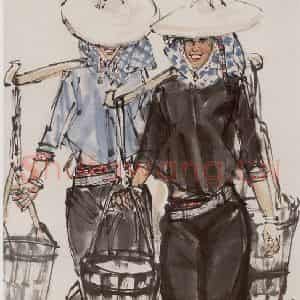 1984年 黄胄《惠安女挑水》国画人物作品图片鉴赏