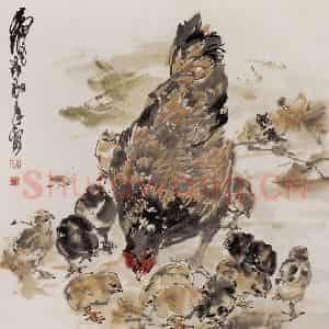 1988年 黄胄《母子鸡》国画花鸟作品图片鉴赏