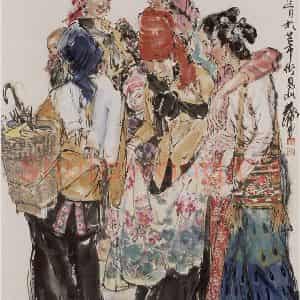1987年 黄胄《花布图》国画人物作品图片鉴赏