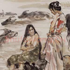 1987年 黄胄《沐浴》国画人物作品图片鉴赏