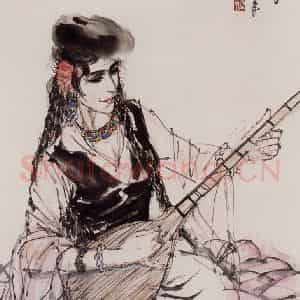 1986年 黄胄《弹琴少女》国画人物作品图片鉴赏