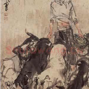 1992年 黄胄《喂猪》国画综合作品图片鉴赏